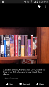 Books on the shelf of Ted Cruz's office