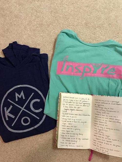 A collection of the Jennings' Christian t-shirts (they are also the brand he sells) she took home from his house, along with her journal, in which she kept detailed notes. 